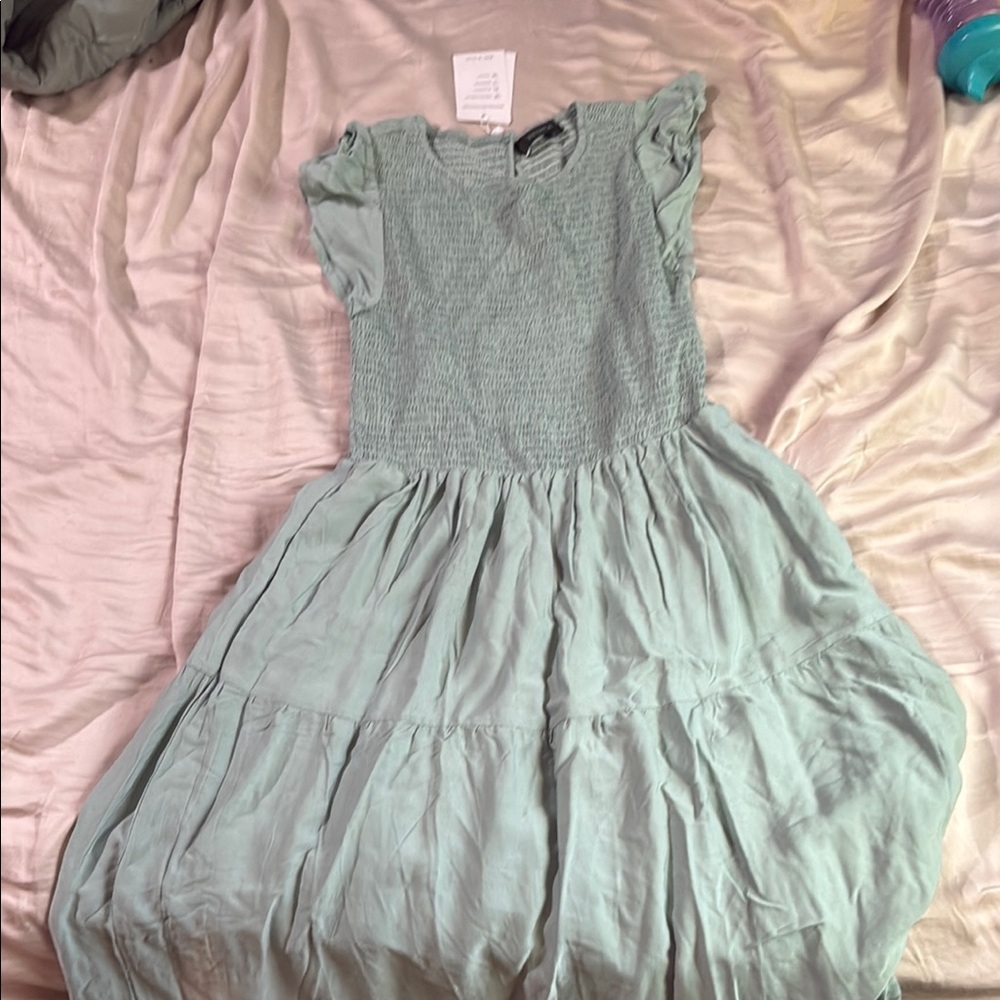 Green Pleated Tiered Sundress with Flutter Cap Sleeves